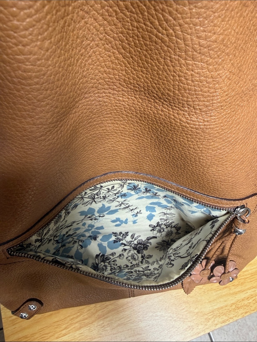 Brighton Tan Pebbled Leather Shoulder Bag with Floral Tassel - Picture 12 of 17